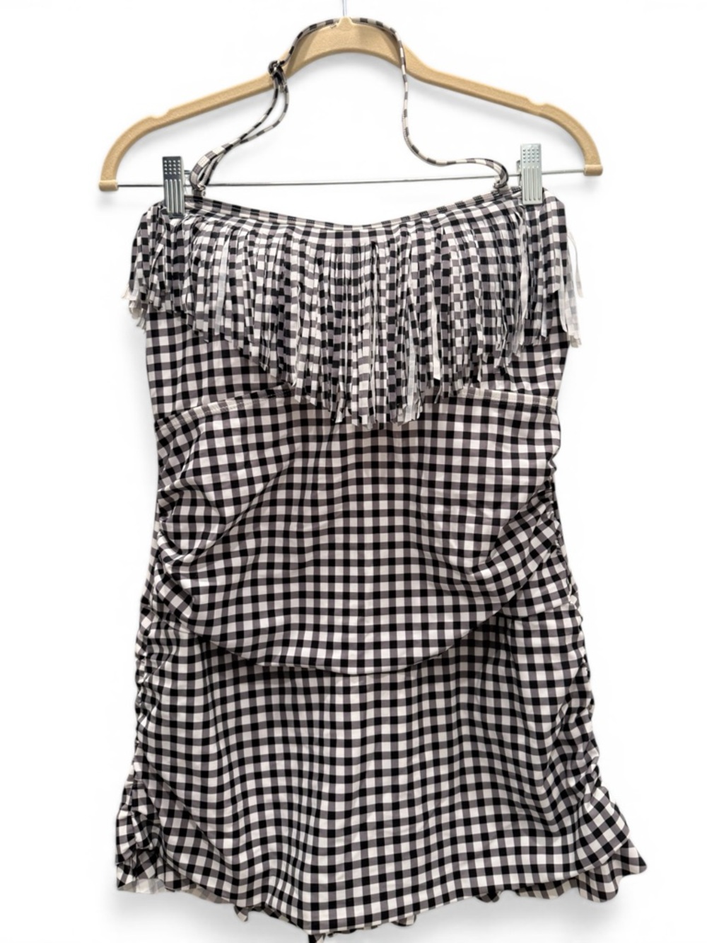 Women’s Swimsuit Black & White Gingham with Fringe & Ruffle NWOT XL